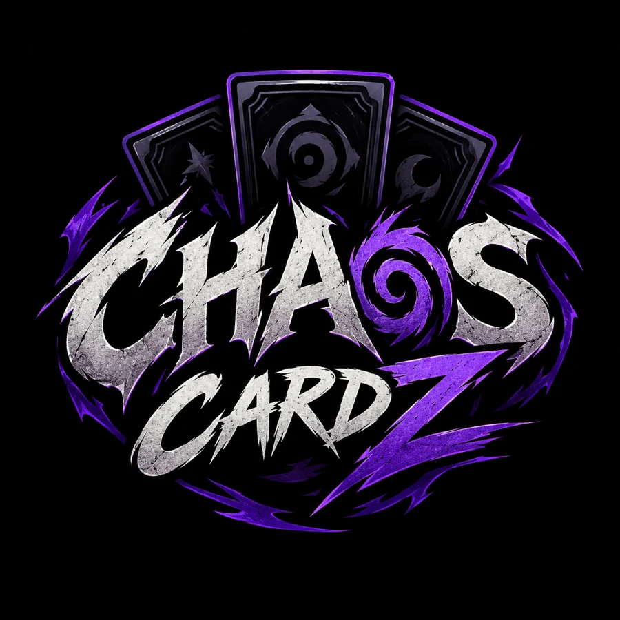 Logo von Chaos CardZ: drei Kartenrückseiten über dem Schriftzug Chaos CardZ in Weiß und Lila